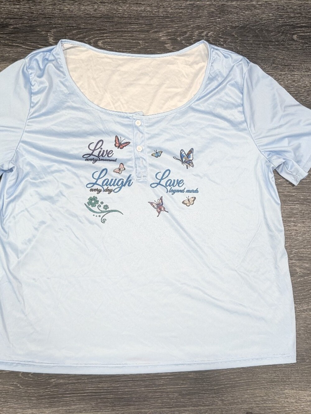 Light Blue Women's Long-Sleeve Top with Butterfly "Live Laugh Love"